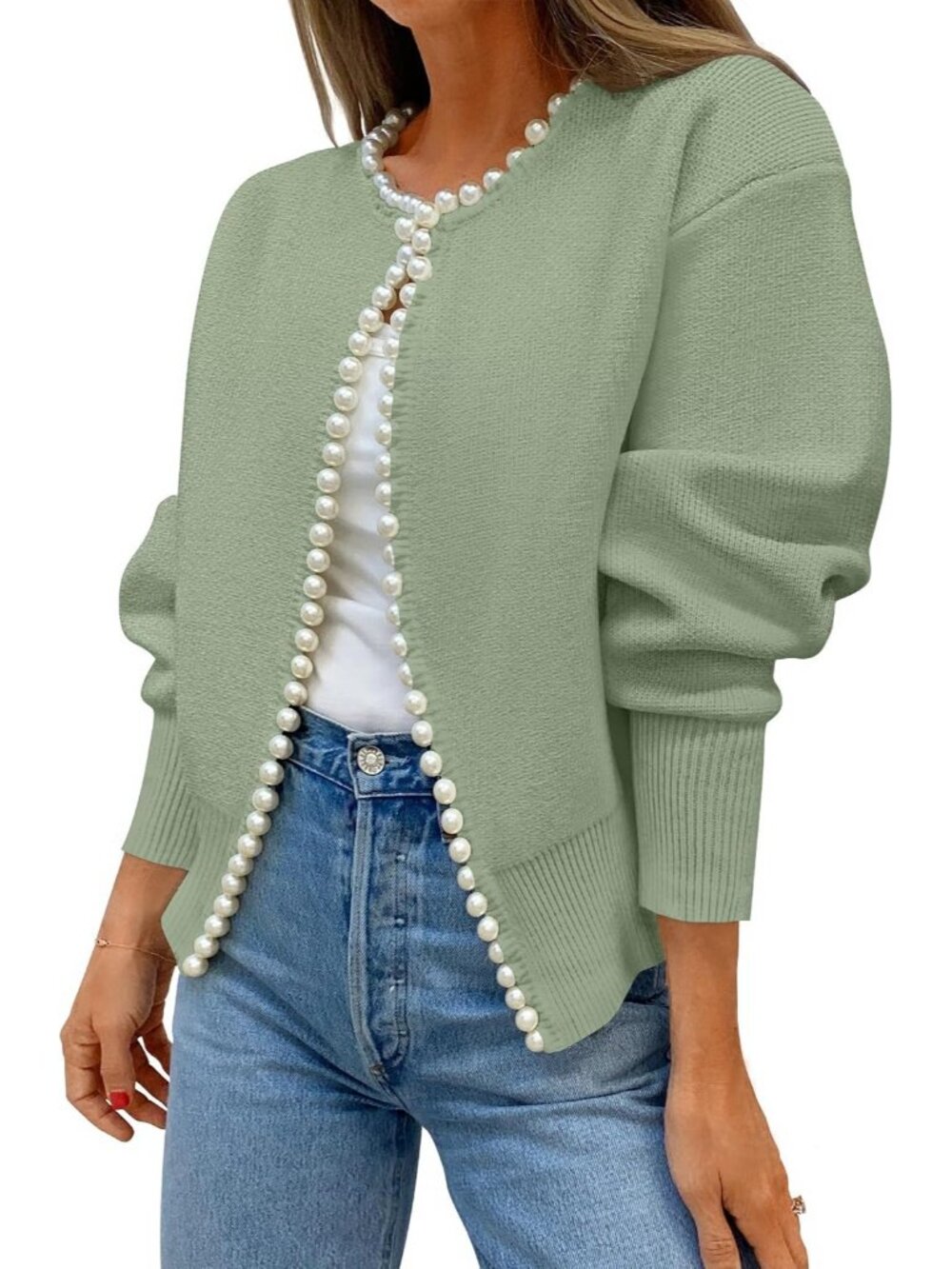Women’s Pea Green Pearl Trim Open Front Long Sleeve Knit Coat Cardigan Sweater